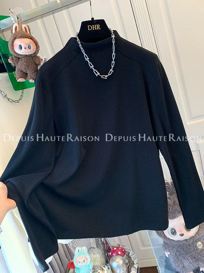 DHR soft and versatile half-high collar plus velvet straight shoulder long-sleeved bottoming shirt T-shirt loose inner top women's winter new