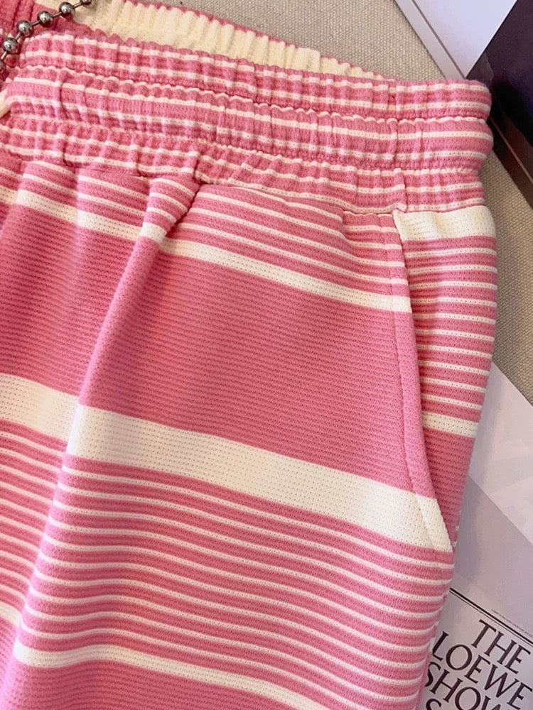 Plus size summer slimming suit for fat girls, women's high-end sequined letter splicing striped T-shirt + shorts two-piece set