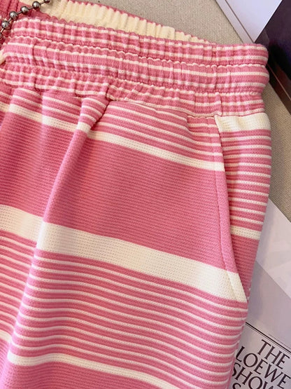 Plus size summer slimming suit for fat girls, women's high-end sequined letter splicing striped T-shirt + shorts two-piece set