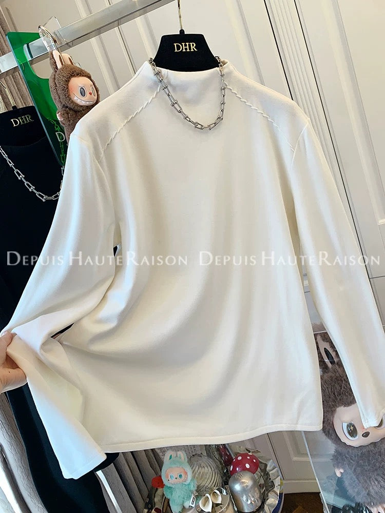 DHR soft and versatile half-high collar plus velvet straight shoulder long-sleeved bottoming shirt T-shirt loose inner top women's winter new