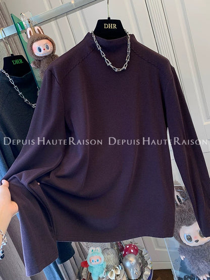 DHR soft and versatile half-high collar plus velvet straight shoulder long-sleeved bottoming shirt T-shirt loose inner top women's winter new