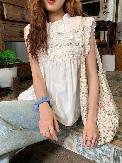 Lu Xiaotuantuan crocheted small flying sleeve vest shirt for women 2024 summer new Korean style sweet and spicy top for small people