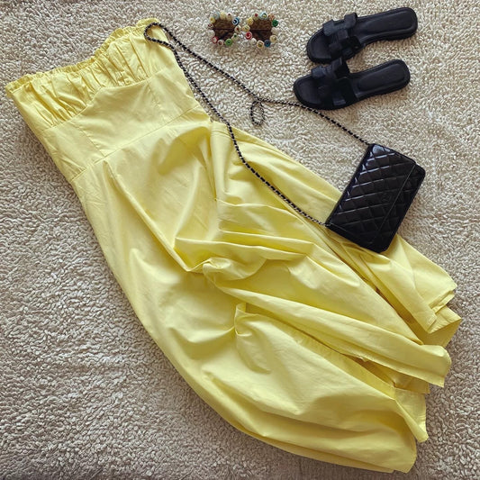 French retro holiday style yellow cotton high waist slit tube top high waist suspender dress long skirt