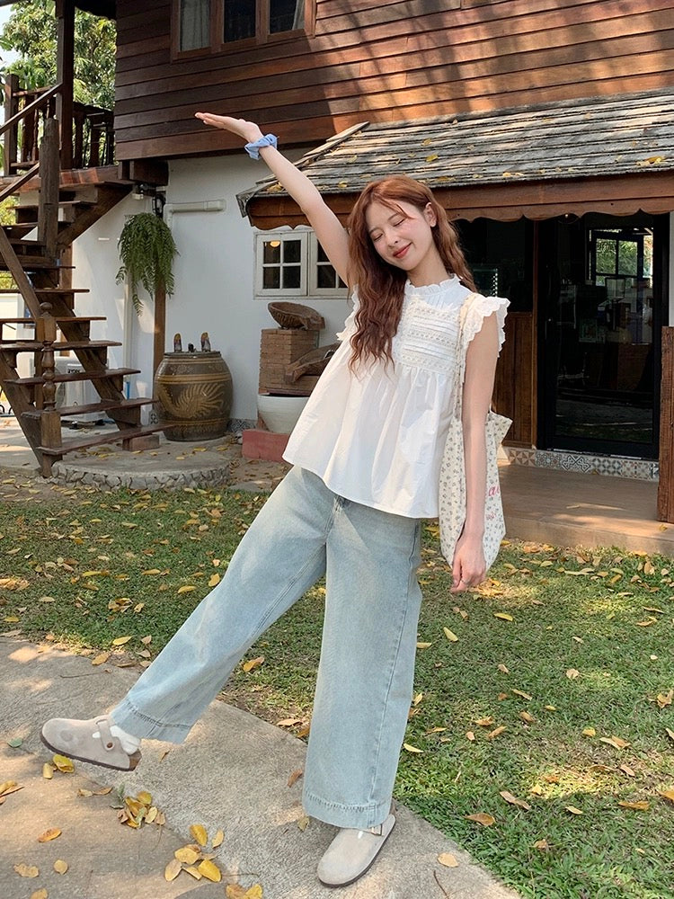 Lu Xiaotuantuan crocheted small flying sleeve vest shirt for women 2024 summer new Korean style sweet and spicy top for small people