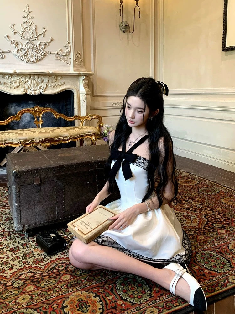 Barb Chill Bowknot Halter Neck Tube Dress Women's Summer Classic Black and White Lace Princess Dress
