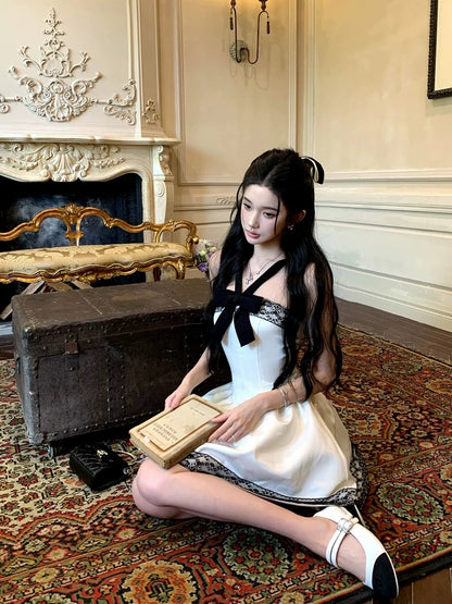 Barb Chill Bowknot Halter Neck Tube Dress Women's Summer Classic Black and White Lace Princess Dress