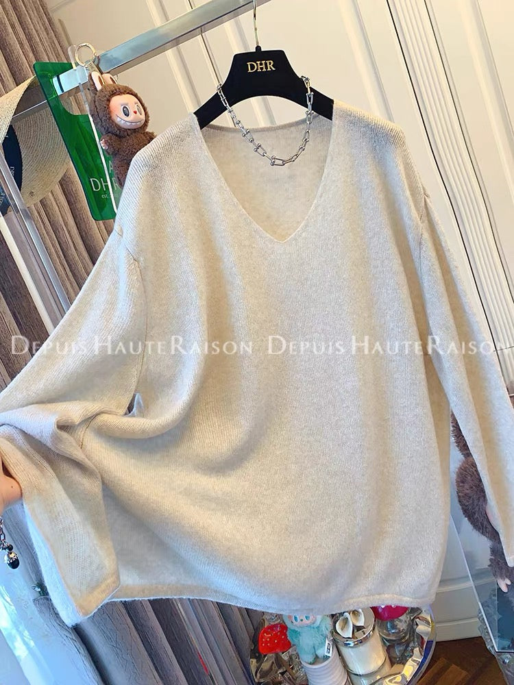 DHR lazy style temperament V-neck wool sweater loose inner top women's clothing 2025 autumn and winter new