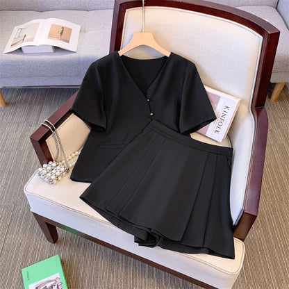 Suit for women 2024 new summer Korean version large size slim fat MM short-sleeved top pleated pants and skirt two-piece set