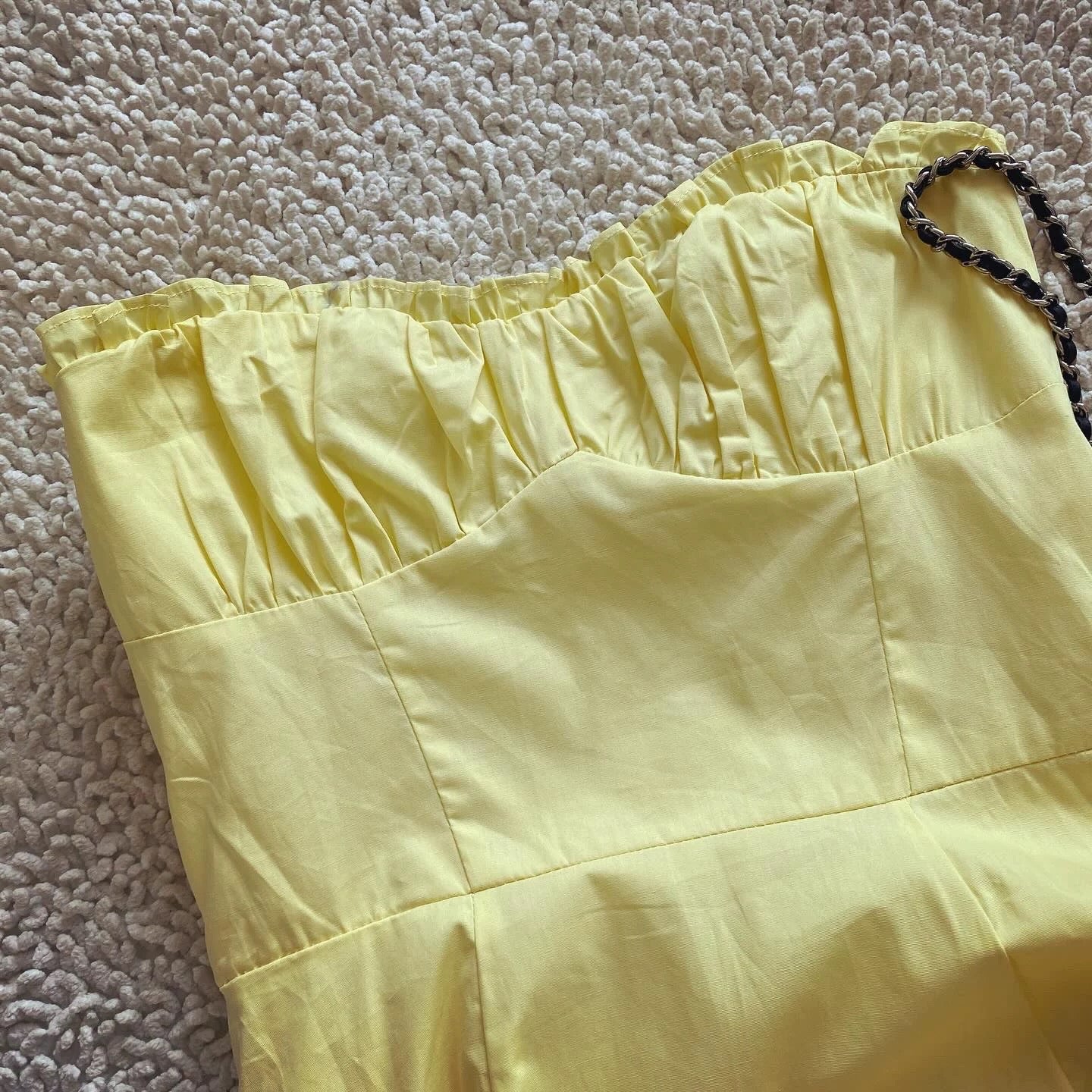 French retro holiday style yellow cotton high waist slit tube top high waist suspender dress long skirt