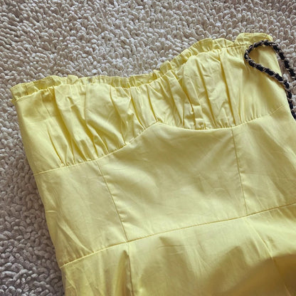 French retro holiday style yellow cotton high waist slit tube top high waist suspender dress long skirt