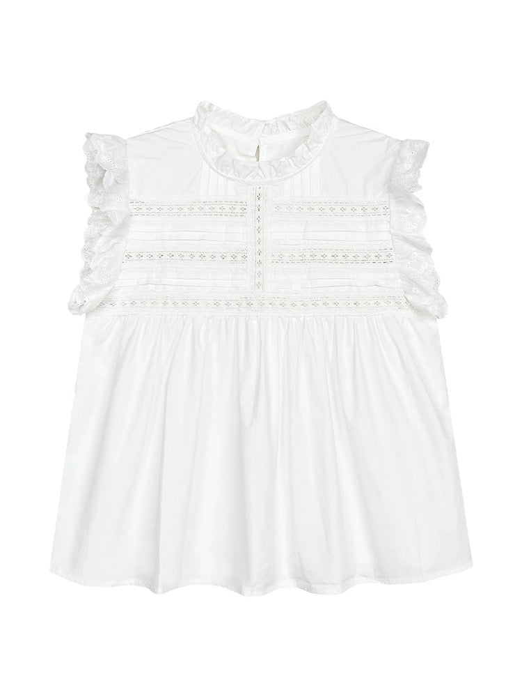 Lu Xiaotuantuan crocheted small flying sleeve vest shirt for women 2024 summer new Korean style sweet and spicy top for small people