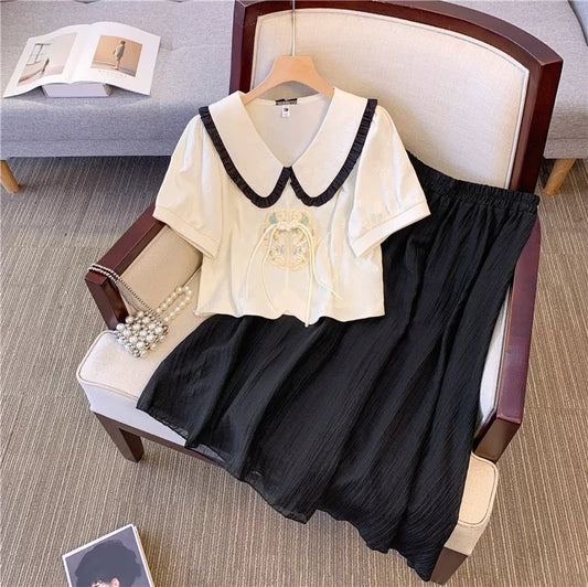Fat mm slimming body-covering suit summer plus size women's new Chinese style retro buckle doll collar top two-piece skirt suit for women