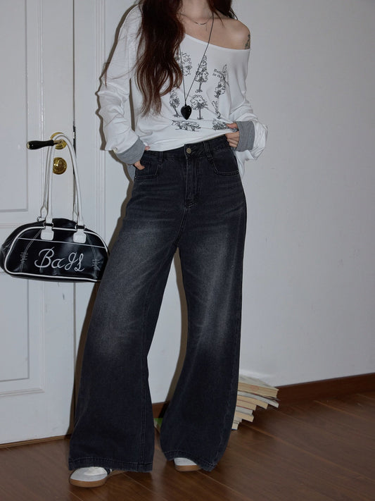 Chaochao Home Retro Distressed Gray Wide-Leg Jeans for Women, 2025 Winter, High Waist, Loose Fit, Casual, Floor-Length Pants