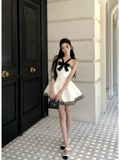 Barb Chill Bowknot Halter Neck Tube Dress Women's Summer Classic Black and White Lace Princess Dress