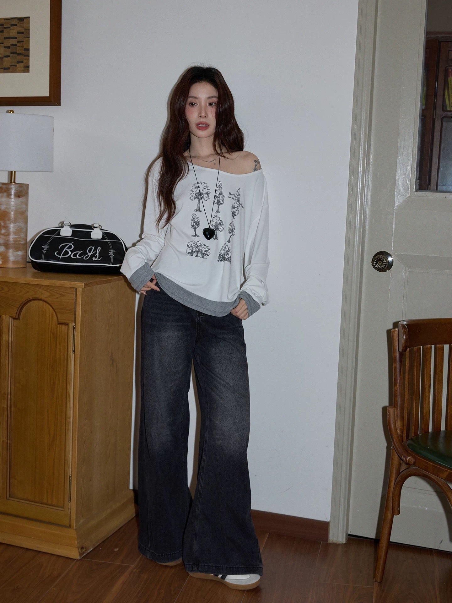 Chaochao Home Retro Distressed Gray Wide-Leg Jeans for Women, 2025 Winter, High Waist, Loose Fit, Casual, Floor-Length Pants