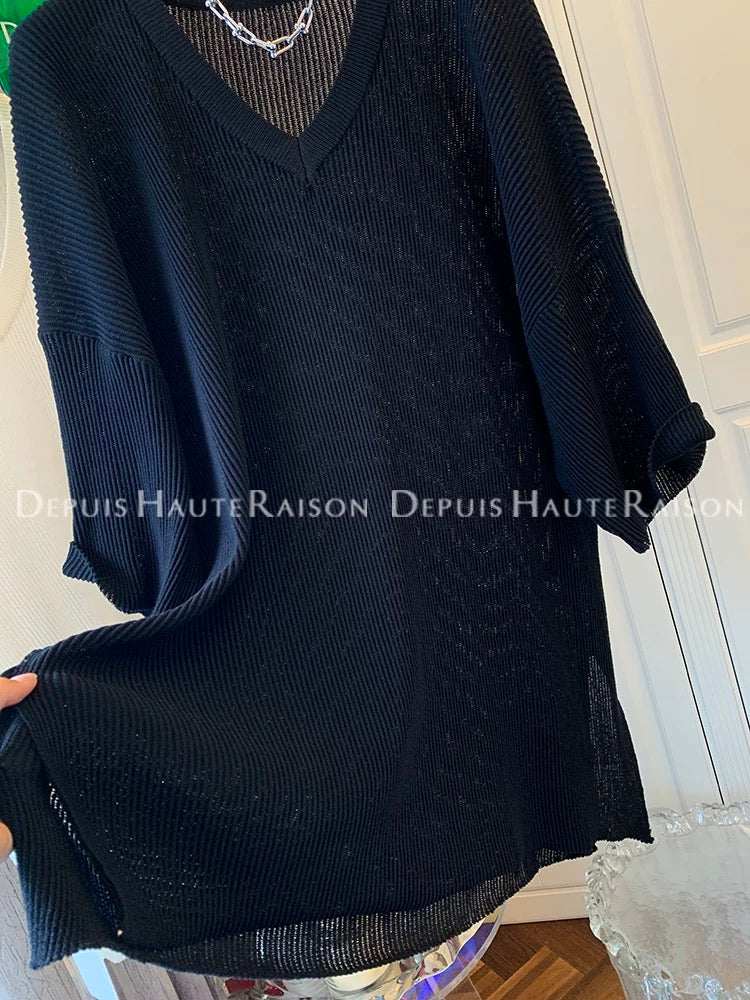 DHR high-end lazy style textured V-neck short-sleeved T-shirt sweater loose large version top women's summer wear