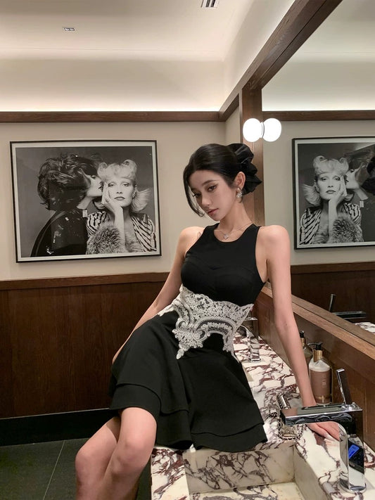 Barb Chill lace sleeveless layered dress 2025 summer new rich girl style short skirt