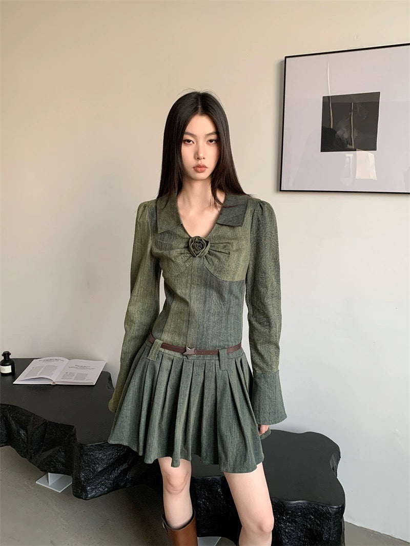 Spot Berlin Flower/original cool and sassy women's hot girl rose pleated denim dress women's spring and autumn