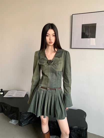 Spot Berlin Flower/original cool and sassy women's hot girl rose pleated denim dress women's spring and autumn