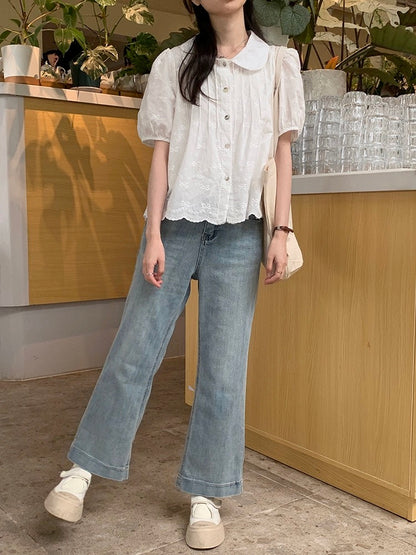 Lu Xiao Tuantuan Embroidered Bow Jacquard Shirt 2024 Summer New Style Korean Temperament Salt Style Top for Women