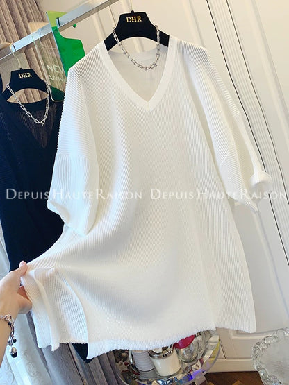 DHR high-end lazy style textured V-neck short-sleeved T-shirt sweater loose large version top women's summer wear
