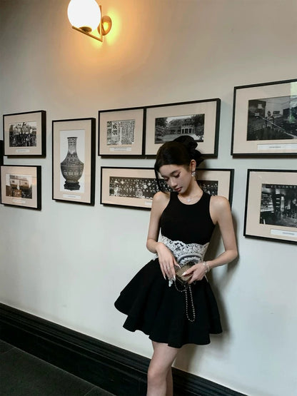 Barb Chill lace sleeveless layered dress 2025 summer new rich girl style short skirt