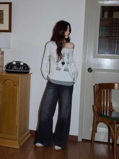 Chaochao Home Retro Distressed Gray Wide-Leg Jeans for Women, 2025 Winter, High Waist, Loose Fit, Casual, Floor-Length Pants