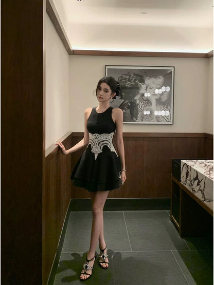 Barb Chill lace sleeveless layered dress 2025 summer new rich girl style short skirt