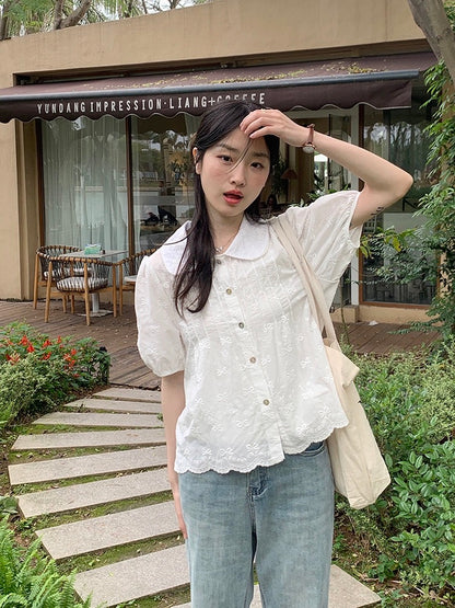 Lu Xiao Tuantuan Embroidered Bow Jacquard Shirt 2024 Summer New Style Korean Temperament Salt Style Top for Women
