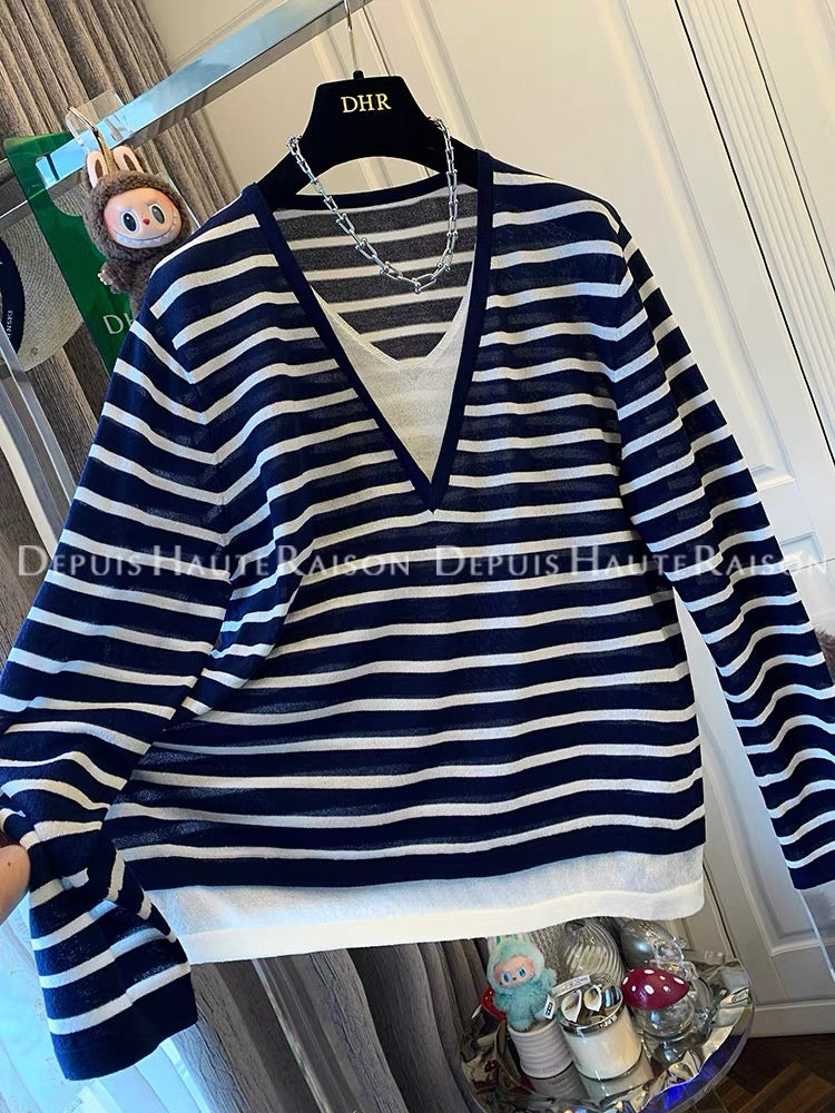 DHR American casual fake two-piece V-neck long-sleeved T-shirt sweater sunscreen shirt loose thin top new summer