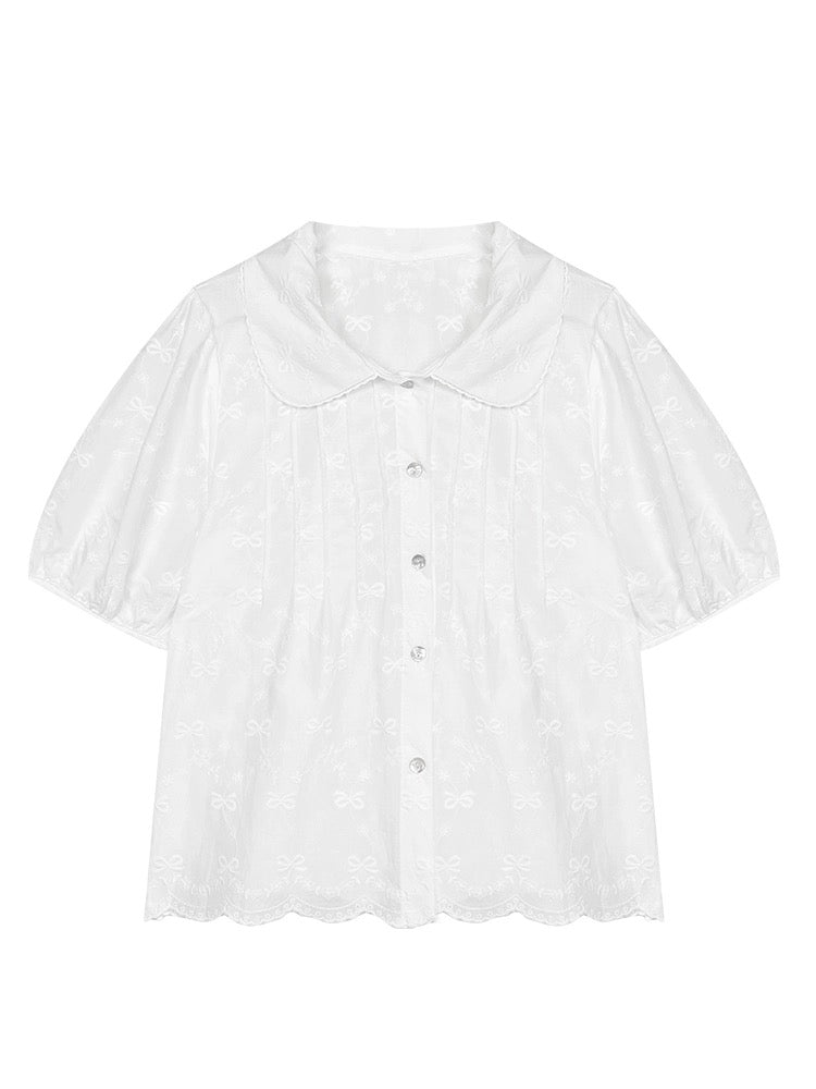 Lu Xiao Tuantuan Embroidered Bow Jacquard Shirt 2024 Summer New Style Korean Temperament Salt Style Top for Women