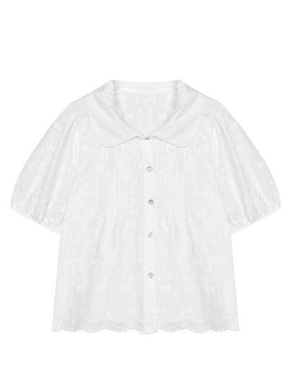 Lu Xiao Tuantuan Embroidered Bow Jacquard Shirt 2024 Summer New Style Korean Temperament Salt Style Top for Women