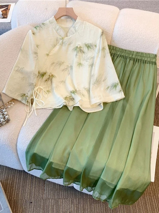 Zen New Chinese Style Floral Shirt Skirt Suit Women's Summer Plus Size Fat mm Fashionable Slim Hanfu Two-piece Set