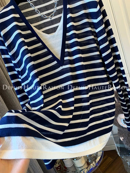 DHR American casual fake two-piece V-neck long-sleeved T-shirt sweater sunscreen shirt loose thin top new summer
