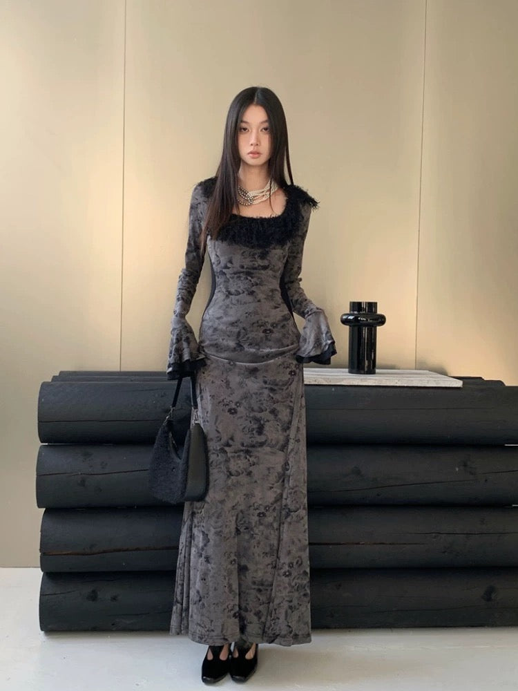 New Chinese style retro style printed U-shaped fur collar spliced trumpet sleeve dress women's autumn and winter New Year's Eve dress New Year's greetings dress