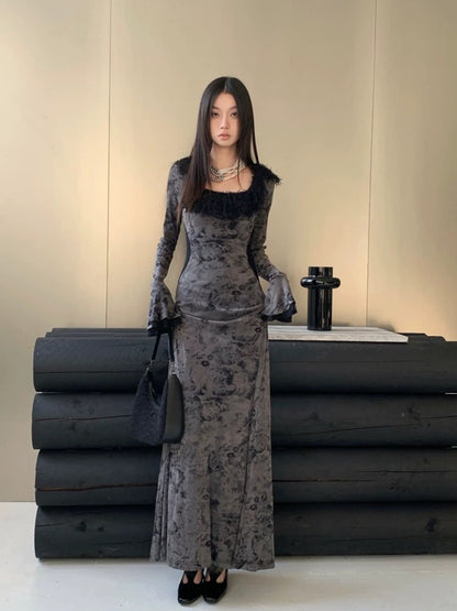 New Chinese style retro style printed U-shaped fur collar spliced trumpet sleeve dress women's autumn and winter New Year's Eve dress New Year's greetings dress