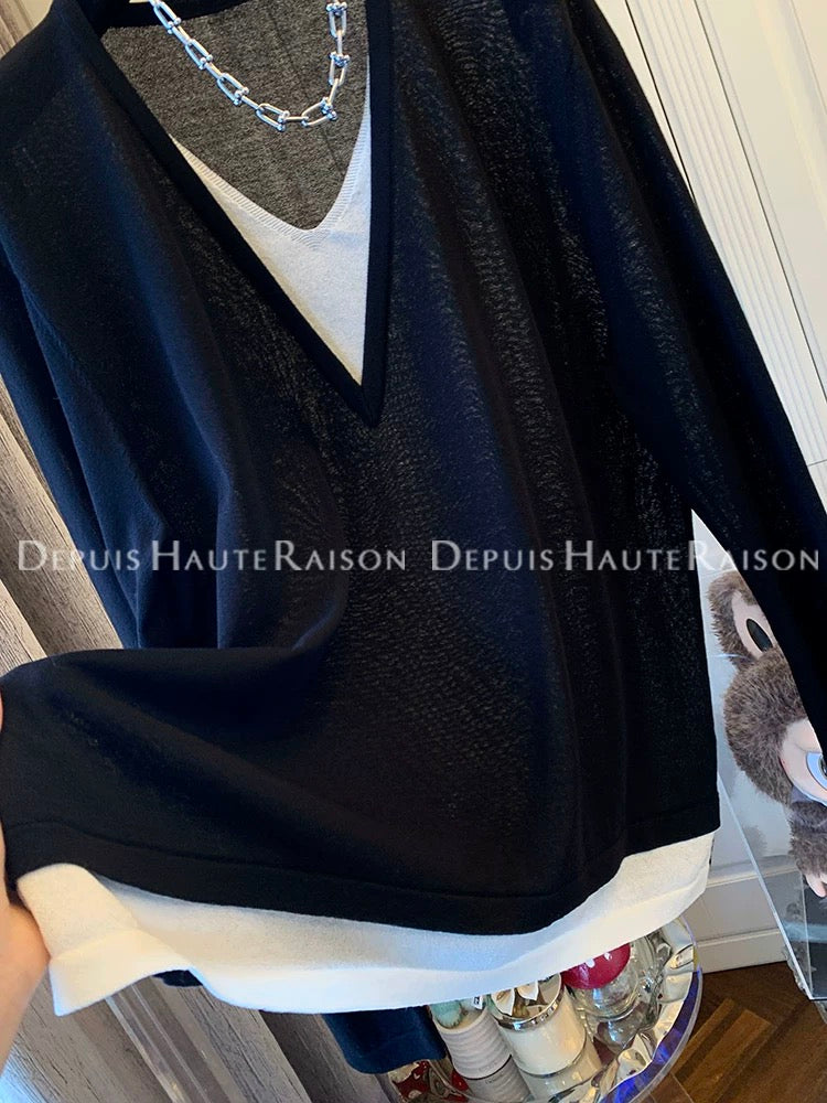 DHR American casual fake two-piece V-neck long-sleeved T-shirt sweater sunscreen shirt loose thin top new summer