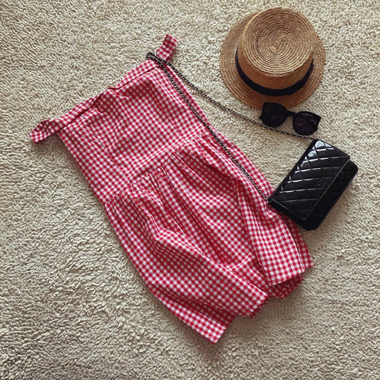 French retro red fine plaid sexy off-shoulder back elastic tube dress for vacation
