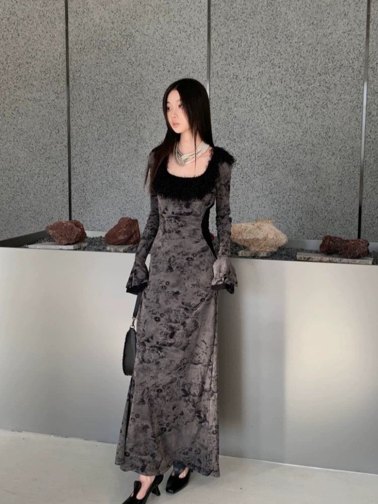 New Chinese style retro style printed U-shaped fur collar spliced trumpet sleeve dress women's autumn and winter New Year's Eve dress New Year's greetings dress