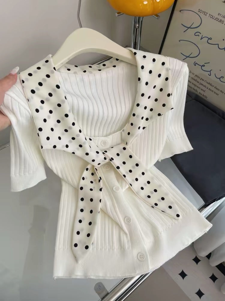 Afternoon Milk Candy ~ French-style short-sleeved knit top featuring a chic polka-dot Peter Pan collar and a unique ribbon tie detail.