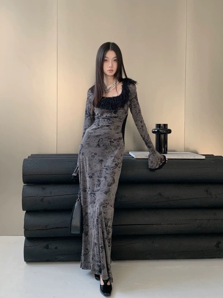 New Chinese style retro style printed U-shaped fur collar spliced trumpet sleeve dress women's autumn and winter New Year's Eve dress New Year's greetings dress