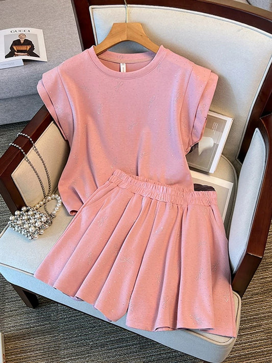Fat mm bombs the street plus size summer suit Korean style design heavy industry hot diamond bow top loose wide leg shorts for women