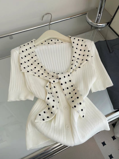 Afternoon Milk Candy ~ French-style short-sleeved knit top featuring a chic polka-dot Peter Pan collar and a unique ribbon tie detail.