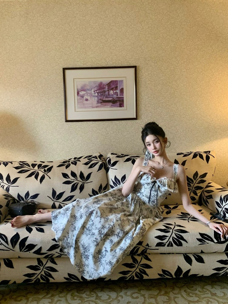 Barb Chill printed square neck waist dress 2025 summer popular single item beautiful princess long dress