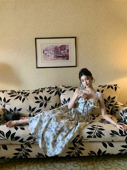 Barb Chill printed square neck waist dress 2025 summer popular single item beautiful princess long dress