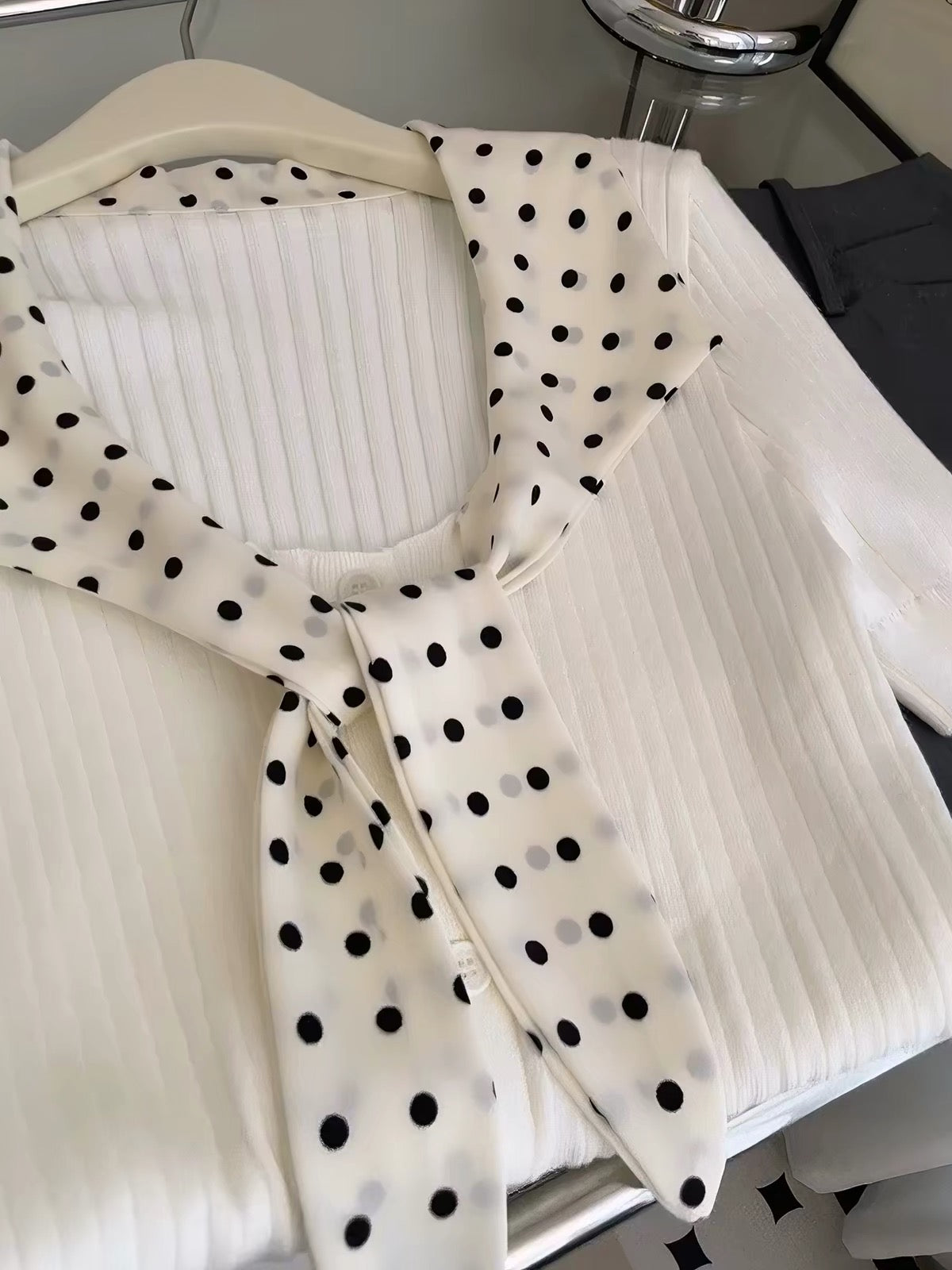 Afternoon Milk Candy ~ French-style short-sleeved knit top featuring a chic polka-dot Peter Pan collar and a unique ribbon tie detail.