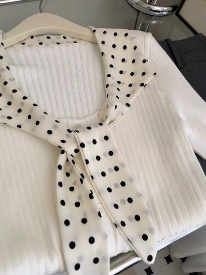Afternoon Milk Candy ~ French-style short-sleeved knit top featuring a chic polka-dot Peter Pan collar and a unique ribbon tie detail.