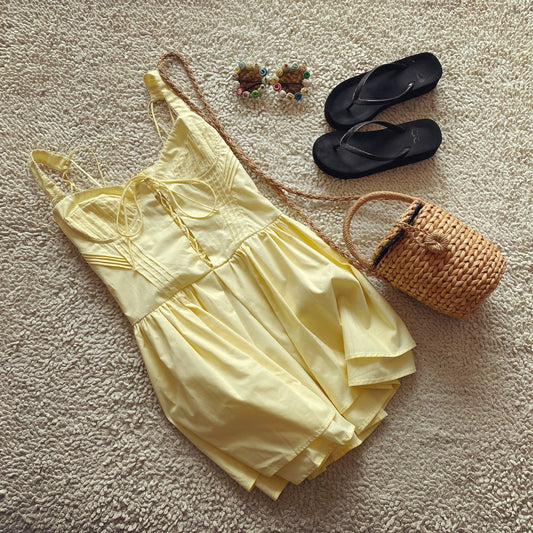 Pastoral style tie waist yellow holiday dress versatile