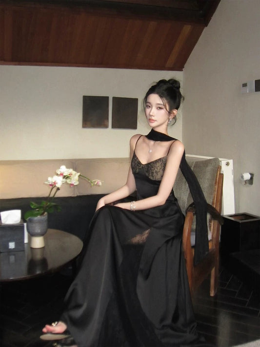 Barb Chill French Thousand Gold Lace Satin Dress Women's Summer New Shawl Halter Neck Long Dress