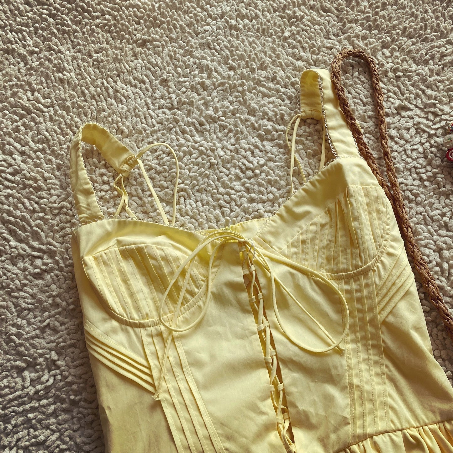 Pastoral style tie waist yellow holiday dress versatile
